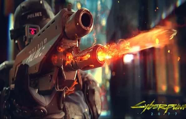 Картинка оружие, огонь, игра, полиция, шлем, киберпанк, police, стреляет, Cyberpunk 2077
