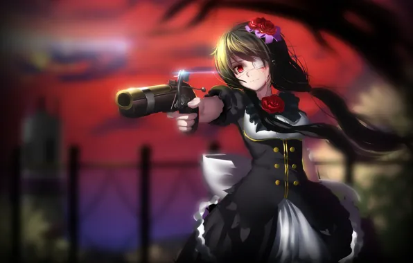 Картинка девушка, пистолет, оружие, кровь, date a live, tokisaki kurumi