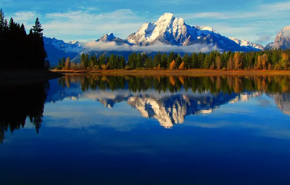 Картинка осень, небо, облака, деревья, горы, туман, озеро, отражение, река, Вайоминг, США, grand teton national park