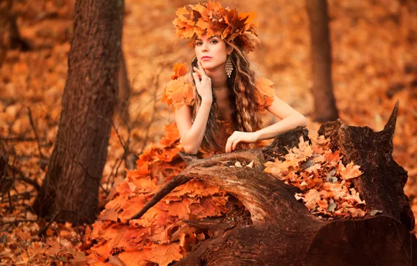 Картинка лес, листья, девушка, венок, autumn style, sad time