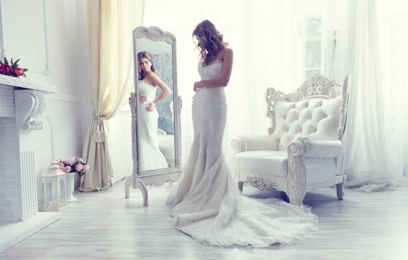 Картинка стиль, отражение, кресло, платье, зеркало, невеста, свадебное платье
