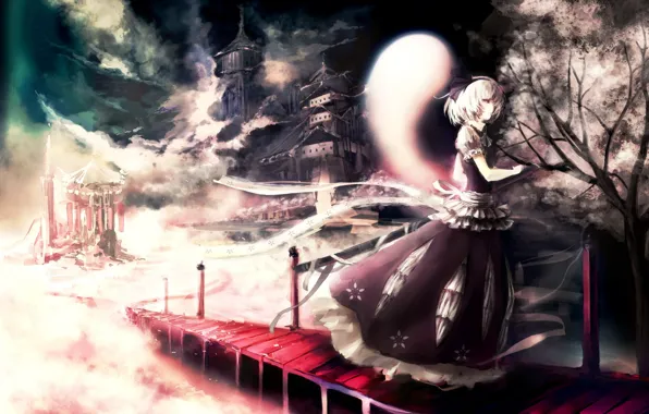 Картинка девушка, мост, сакура, touhou, art, konpaku youmu, оружие меч, iori