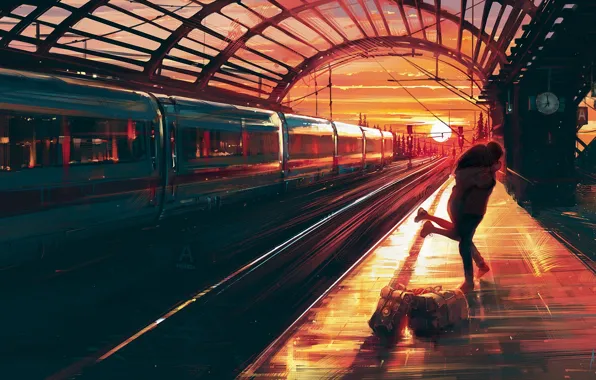 Картинка радость, закат, часы, встреча, вокзал, поезд, вагоны, объятия, перрон, двое, сумки, by Aenami, парень с …