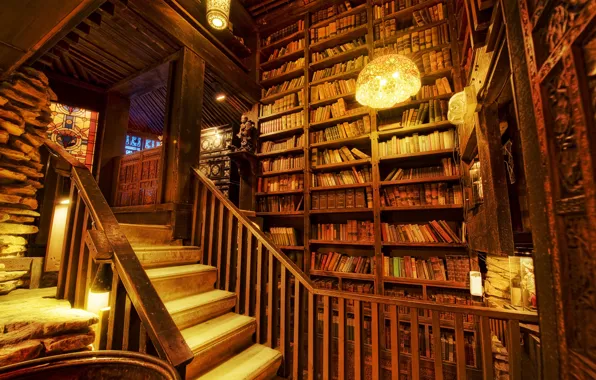 Картинка light, books, stairs, Library, shelving