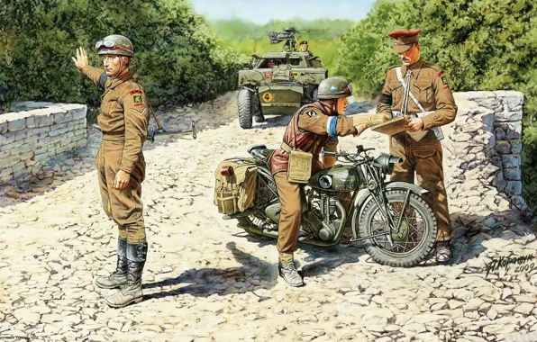 Картинка мотоцикл, солдаты, военный, британский, Вторая мировая война, блокпост, Triumph 3HW