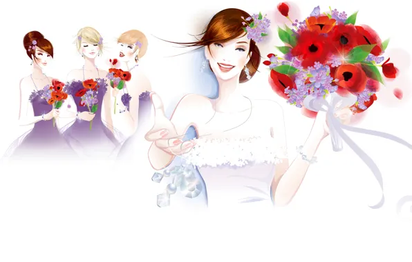 Картинка украшения, цветы, fashion, невеста, улыбки, платья, букеты, подружки, Bree Leman