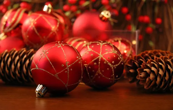 Картинка шарики, праздник, шары, рождество, красные, Новый год, new year, Christmas, шишки, елочные игрушки