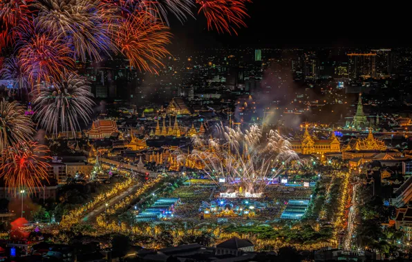 Картинка ночь, огни, праздник, салют, панорама, Таиланд, фейерверк, Бангкок