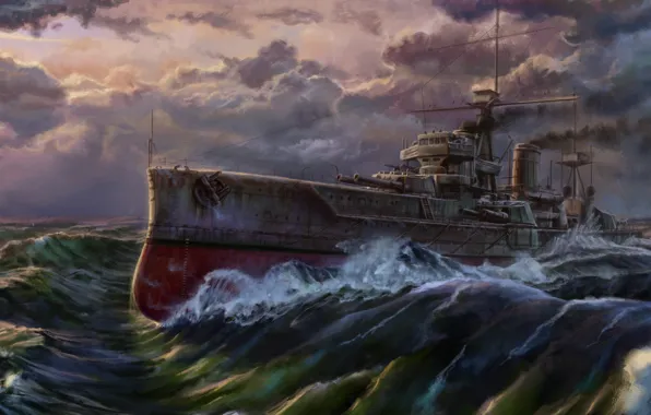 Картинка море, волны, корабль, пушки, dreadnought