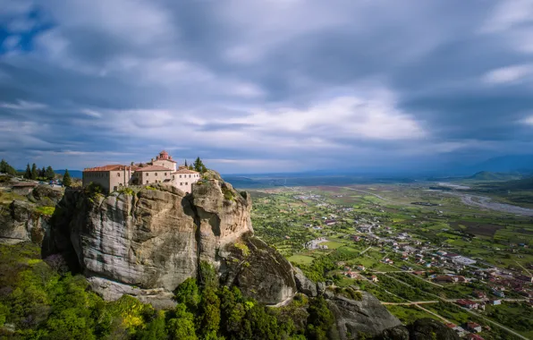 Картинка горы, скалы, Греция, долина, монастырь, Метеоры