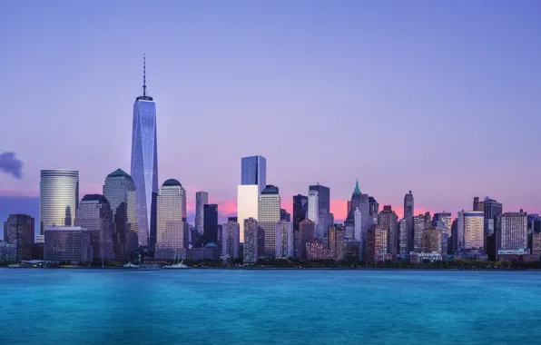 Картинка Нью-Йорк, вечер, горизонт, Манхэттен, One World Trade Center