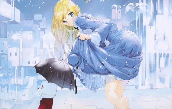 Картинка девушка, капли, город, дождь, дома, шляпа, зонт, аниме, кролик, арт, ueda ryou