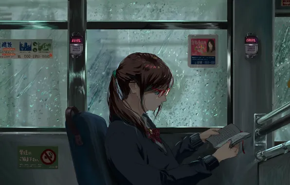 Картинка девушка, дождь, автобус, читает