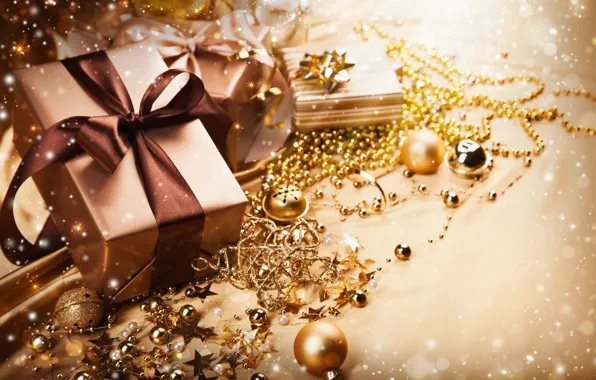 Картинка шарики, ленты, золото, коробка, Новый Год, Рождество, подарки, декорации, бусины, Christmas, коричневая, праздники, New Year, …