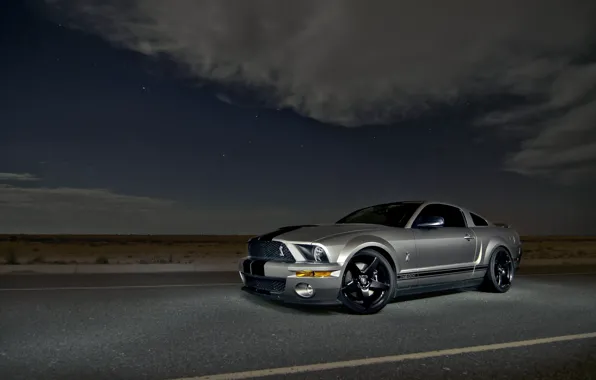 Картинка небо, облака, ночь, Mustang, Ford, Shelby, GT500, мустанг, серебристый, мускул кар, форд, шелби, muscle car, …