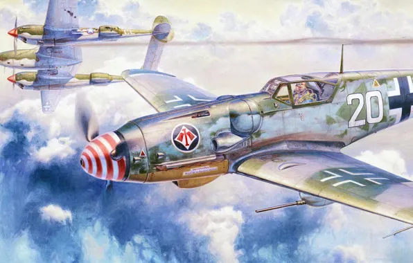 Картинка рисунок, Lightning, Messerschmitt, Luftwaffe, p-38, Люфтваффе, одномоторный поршневой истребитель-низкоплан, BF109 G-6