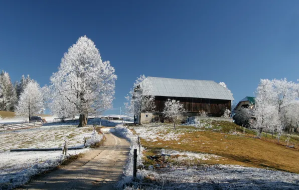 Картинка зима, дорога, небо, снег, голубое, домики, красивые, Snow lodge