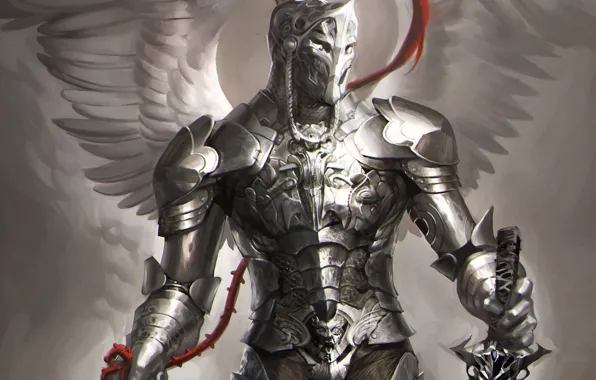 Картинка оружие, крылья, ангел, меч, доспехи, арт, рыцарь, sakimichan