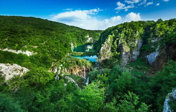 Картинка лес, пейзаж, скалы, панорама, водопады, каскад, Хорватия, Croatia, Национальный парк, Плитвицкие озера, Plitvice Lakes National …