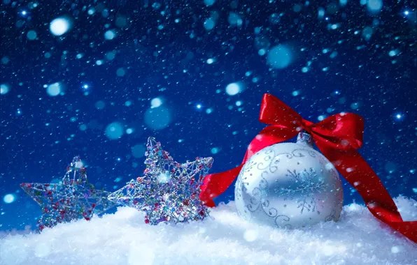Картинка зима, звезды, снег, новый год, шарик, ленточка, елочные игрушки