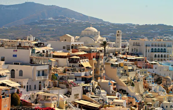 Картинка город, вид, красиво, греция, высоко, город Фира, остров Санторини