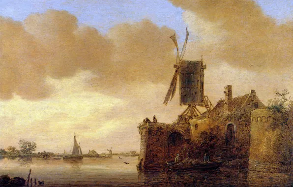 Картинка дом, лодка, парус, ветряная мельница, Ян ван Гойен, Речной Пейзаж