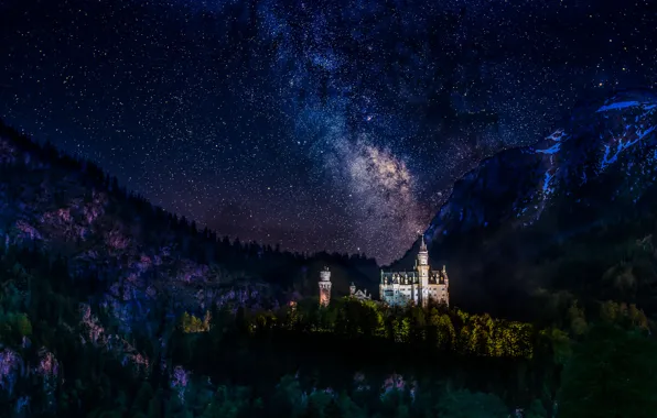 Картинка лес, горы, ночь, башня, звёзды, Германия, Замок, млечный путь
