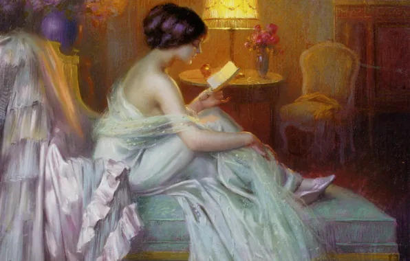 Картинка девушка, лампа, вечер, чтение, lamp, Reading, light., Delphin Enjolras