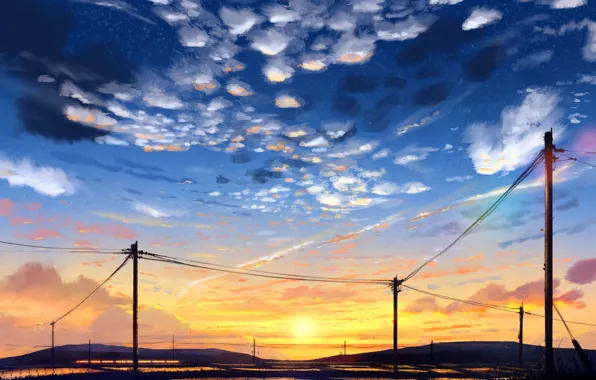 Картинка облака, закат, Япония, Art, sunset, clouds, рисовые поля