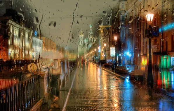 Картинка девушка, зонт, Санкт-Петербург, ночной дождь