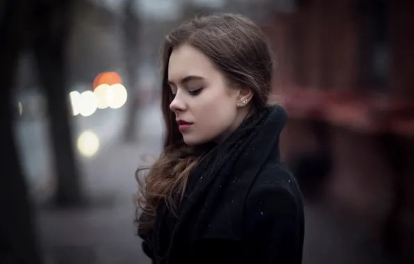 Картинка макияж, профиль, Катя, пальто, боке, Екатерина Кузнецова
