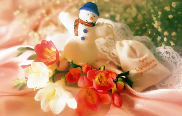Картинка цветы, новый год, снеговик