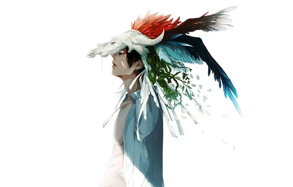 Картинка листья, ветки, череп, перья, белый фон, Парень, рубашка
