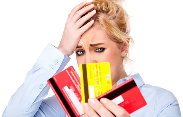 Картинка blonde, financial, crisis, expenses, debit cards, concern