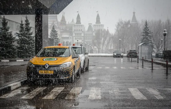 Картинка снег, улица, Город, Москва, такси, Moskow