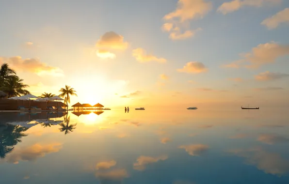 Картинка облака, закат, лодка, горизонт, Мальдивы