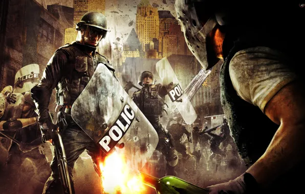 Картинка полиция, щит, винчестер, полицейский, уличные банды, коктейль Молотова, уличные беспорядки, urban chaos riot response, полицейская …