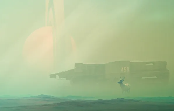 Картинка поверхность, туман, фантастика, планета, олень, кольцо