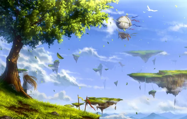 Картинка небо, девушка, облака, пейзаж, птицы, природа, дерево, аниме, арт, juh-juh