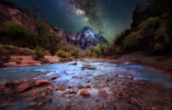 Картинка звезды, ночь, река, камни, скалы, млечный путь, Zion National Park, Utah