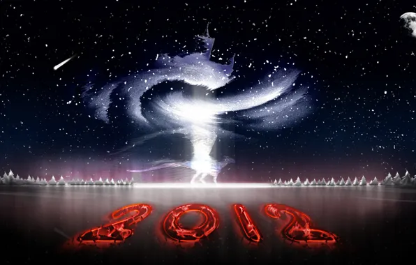 Картинка лед, звезды, снег, луна, дракон, елки, комета, вьюга, 2012, число, метель, год