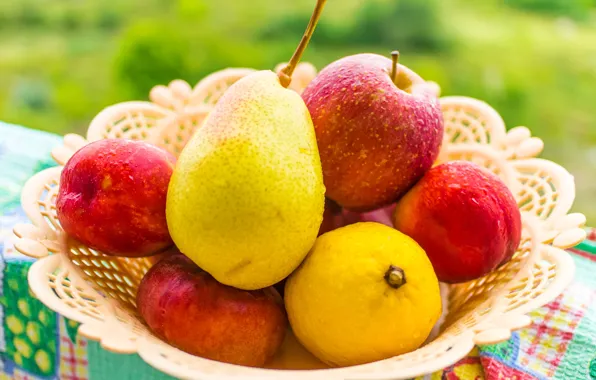 Картинка лимон, яблоко, груша, фрукты, персик