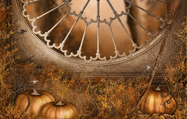 Картинка осень, праздник, окно, тыквы, Halloween, Хэллоуин, метла, autumn, window, holiday, pumpkins, Gothic architecture, готическая архитектура, …