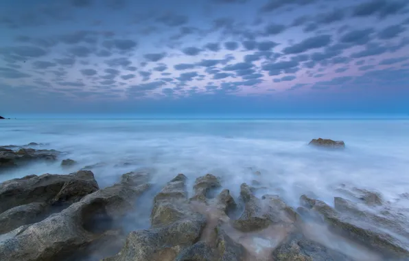 Картинка море, облака, камни, рассвет, берег, утро, потоки