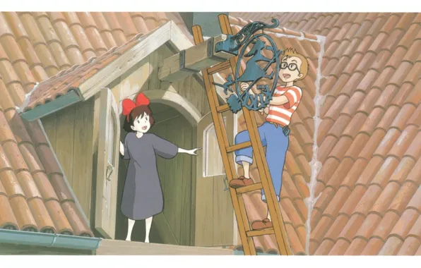Картинка крыша, очки, лестница, вывеска, парень, двое, черепица, чердак, ведьмина служба доставки, hayao miyazaki, kiki`s delivery …