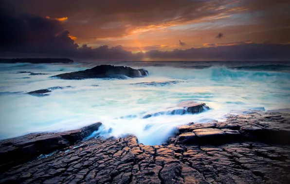 Картинка волны, осень, облака, закат, скалы, выдержка, Клэр, Ирландия, потоки, Атлантический океан, Спейниш-Порт, Hopkins Photography, западный …