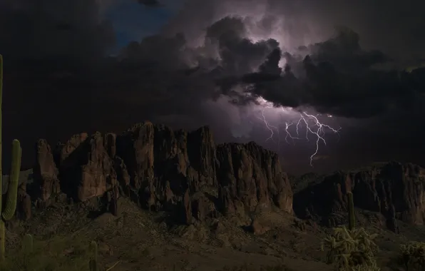 Картинка гроза, небо, облака, горы, тучи, скалы, молния, силуэты, Arizona