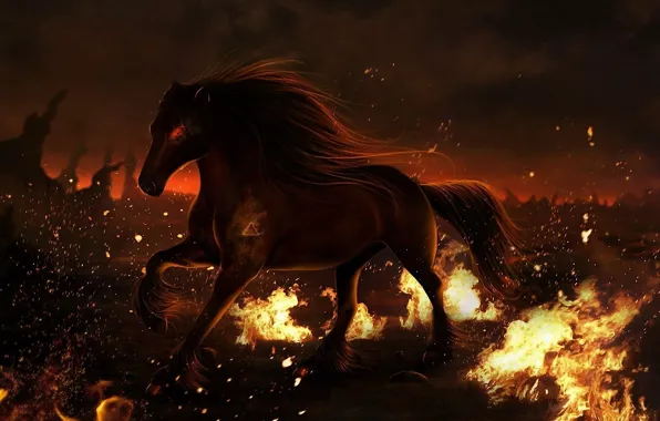 Картинка огонь, животное, конь, лошадь, грива, Фантастика, копыта