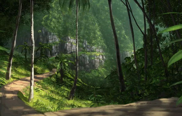 Картинка дорога, зелень, деревья, природа, пальмы, скалы, джунгли, арт
