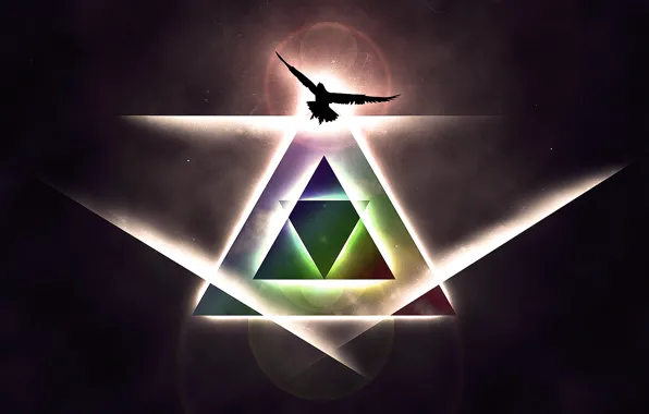 Картинка космос, блики, птица, орел, треугольники, свечение, пирамида, лучи света